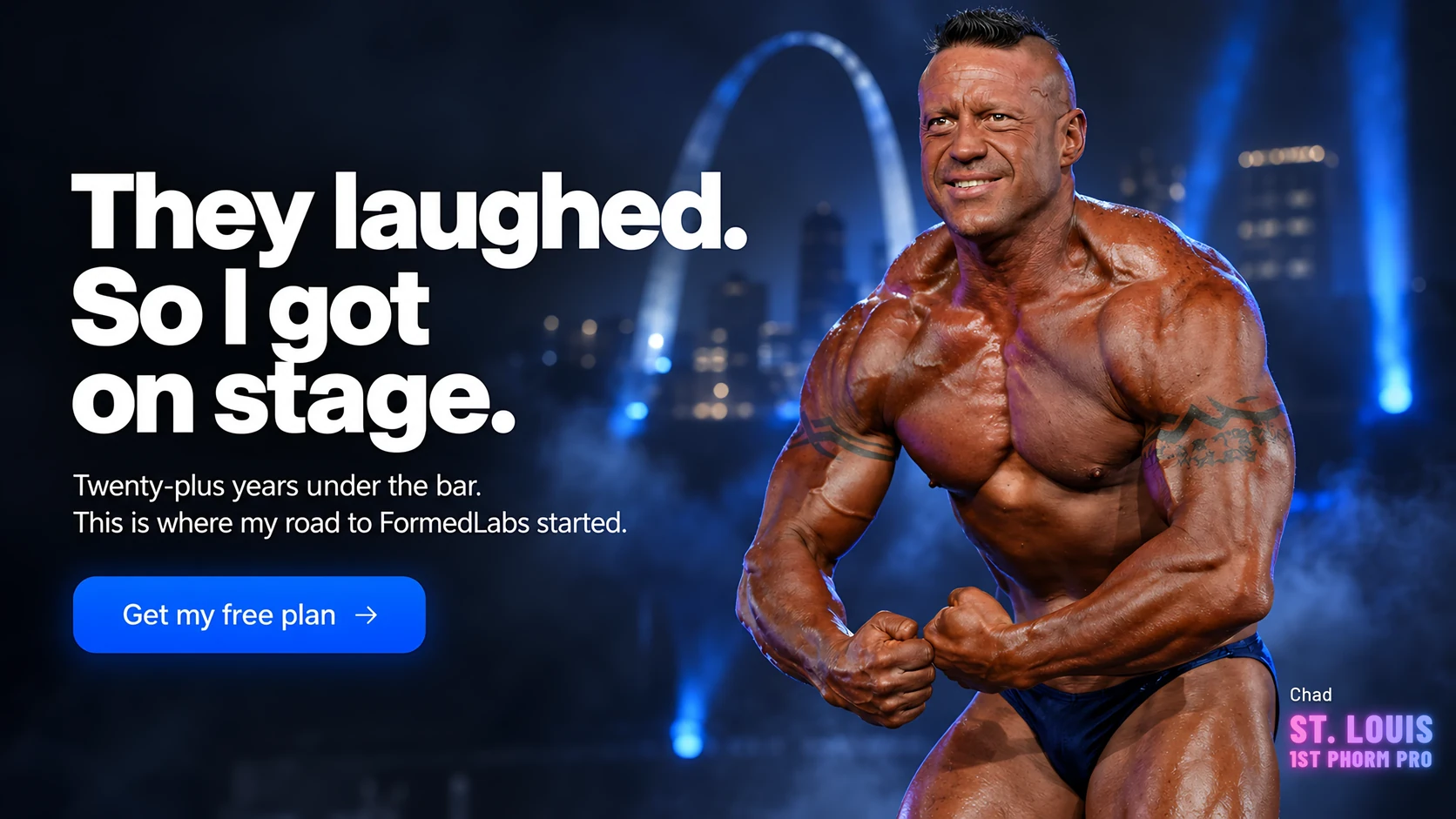 Chad on stage at the 1st Phorm St. Louis Pro, the Gateway Arch behind him. They laughed. So I got on stage.