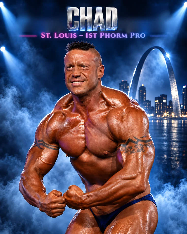 Chad, St. Louis 1st Phorm Pro, on stage with the Gateway Arch behind him